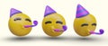 3D smiley with festive accessories. Yellow head with cone party hat and blowout pipe