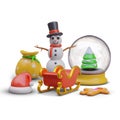 3D smiling snowman, sleigh, bag with gifts, sweets, Christmas tree in snow globe Royalty Free Stock Photo