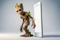 3D smooth caricature styled. Full length Groot from the movie Guardians of the Galaxy leaning from left near very big white screen