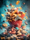 3D Snacks. Messy Potato Chip Stack. Art background. Royalty Free Stock Photo