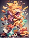 3D Snacks. Messy Potato Chip Stack. Art background. Royalty Free Stock Photo