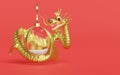 3d snow ball, ornaments glass transparent with gold dragon, dollar coins stacks, chinese new year 2024 capricorn. 3d render
