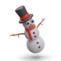 3D snowman in black top hat and red scarf. Smiling New Year character Royalty Free Stock Photo