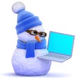 3d Snowman with a laptop pc