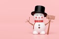 3d snowman with top hat, scarf, broom isolated on pink background. merry Christmas and festive New Year, 3d render illustration