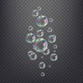 3d soap balls. Realistic transparent bubbles detergent, air blowing colored rainbow soapy bubble, water drop foam Royalty Free Stock Photo