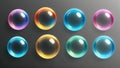 3D soap bubbles set isolated on transparent background. Vector realistic illustration of abstract water spheres floating Royalty Free Stock Photo