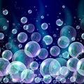 3d soap transparent bubbles background. Banner with water spheres, underwater concept. Soapy balloons