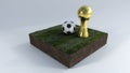 3D Soccer ball and trophy on grass patch Royalty Free Stock Photo