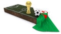 3D Soccer ball and trophy on grass patch with flag Royalty Free Stock Photo