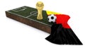 3D Soccer ball and trophy on grass patch with flag Royalty Free Stock Photo