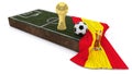 3D Soccer ball and trophy on grass patch with flag Royalty Free Stock Photo