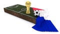3D Soccer ball and trophy on grass patch with flag Royalty Free Stock Photo