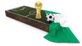 3D Soccer ball and trophy on grass patch with flag Royalty Free Stock Photo
