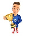 3d soccer player blue jersey standing with gold trophy cup