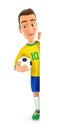 3d soccer player yellow jersey with ball behind blank wall