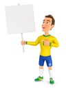 3d soccer player yellow jersey holding blank sign board