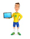 3d soccer player yellow jersey standing with a tablet