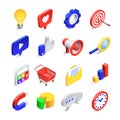 3d social marketing icons. Isometric web seo likes sign, business mail network and website search button vector icon collection Royalty Free Stock Photo