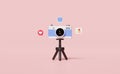 3D social media with camera tripod icons isolated on pink background. online video live streaming, communication applications, Royalty Free Stock Photo