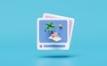 3D social media or communication online platform with lifebuoy, water splash, palm tree, play icons, photo frame isolated on blue