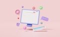 3d social media with computer monitor icons, chat bubbles, check marks isolated on pink background. online social, seo Royalty Free Stock Photo