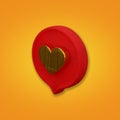 3d social media notification light like heart icon in red round speech bubble pin isolated on yellow wall background with shadow 3