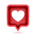 3d social media notification light of love like heart in red rounded square pin icon isolated on white background