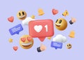 3D Social media platform, Social media 3d concept. Like, heart, thumbs up smile emoji. 3D render online communication