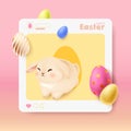 3D social media poster template for Happy Easter. Realistic rabbit jumping out of post.