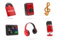 3D sound icons. Music equipment. Red microphone. Headphones and speaker. Musical note. Stereo amplifier console Royalty Free Stock Photo