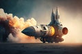 3D spaceship takes flight, accompanied by a captivating swirling cloud of smoke, creating a visually stunning spectacle.