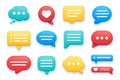 3d speech bubbles, thinking text bubble, chat and like icon. Social media communication, realistic texts message