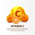 3D sphere yellow gold vitamin C molecule with orange fruit with slice lemon for healthcare