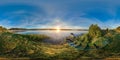 3D spherical panorama with 360 viewing angle. Ready for virtual reality. Sunrise at the bank of lake. Boats on the bank of lake.