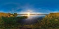 3D spherical panorama with 360 viewing angle. Ready for virtual reality or VR. Sunrise at the bank of lake. Deep blue sky. Royalty Free Stock Photo