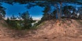 3D spherical panorama with 360 viewing angle. Ready for virtual reality or VR. Sunset on the bank of river. Pine forest.