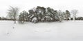 3D spherical panorama of winter forest with snow and pines with 360 degree viewing angle. Ready for virtual reality in vr. Full