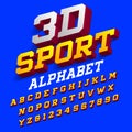 3D sport alphabet font. Three-dimensional effect retro letters and numbers with shadow.