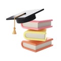 3D Stack of air Closed Books and university or college black cap Icon. Render Educational or Business Literature. E-book