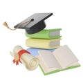 3D Stack of Books, Diploma scroll and university or college black cap graduate Icon. Render Education or Business