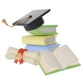 3D Stack of Books, Diploma scroll and university or college black cap graduate Icon. Render Education or Business