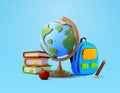 3d stack of books with globe or earth, apple, backpack pencil, isolated on background. Concept for geography, science