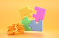 3D Stack gold coins with colorful jigsaw puzzle pieces on yellow background. Concept business idea or equation, money Royalty Free Stock Photo