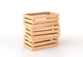 3D Stack of wooden boxes angle view. Pile blank rectangular crates, timber plank containers, tray or pallets for storage