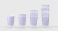 3D Stacks purple paper disposable coffee cups, packaging mockup. Pile blank lavender mug for takeaway hot drinks