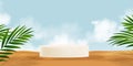 3d Stand Podium on Beach Sand,Desert Dunes with clouds on Blue Sky Coconut Palm Laves,Vector banner backdrop Display circle on