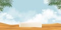 3d Stand Podium on Beach Sand,Desert Dunes Wave with Blue Sky and Cloud,Coconut Palm Laves,Vector banner backdrop Display circle
