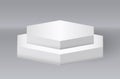 3d Stand. White hexagon podium for product presentation. Isolated empty element. Exhibition geometric object, showcase