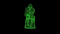 3D statue of a thinker on black bg. Object dissolved green flickering particles. Business advertising backdrop. Science